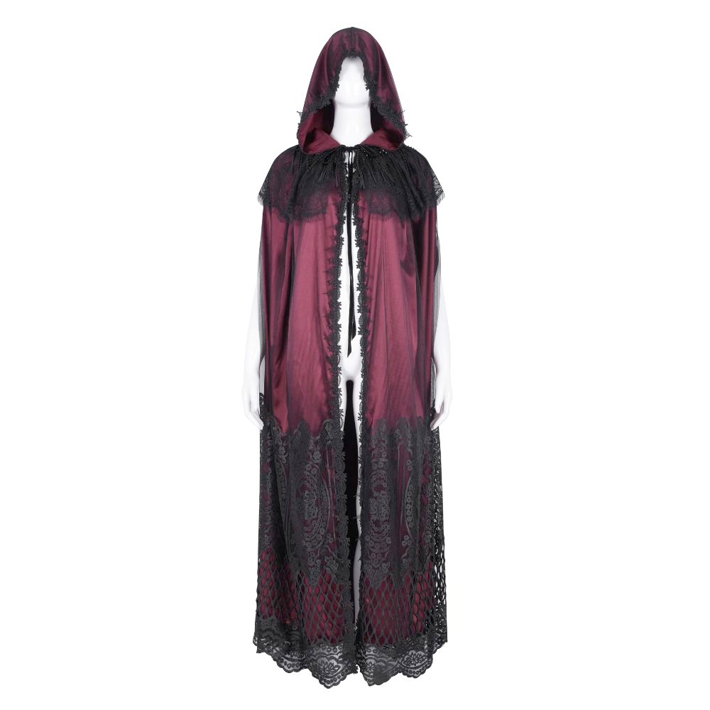 Devil Fashion - Gothic Lace Hooded Cloak Cape - Burgundy